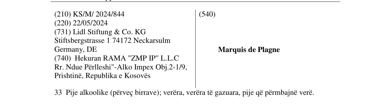 Zëri i markës Marquis de Plagne në buletin