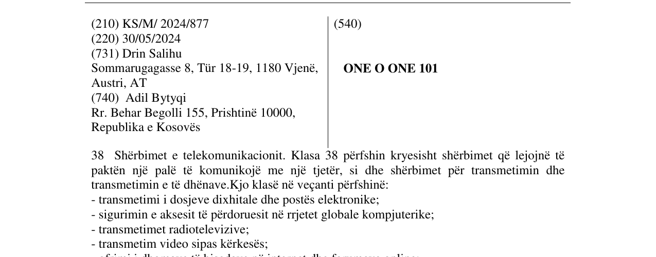 Zëri i markës ONE O ONE 101 në buletin