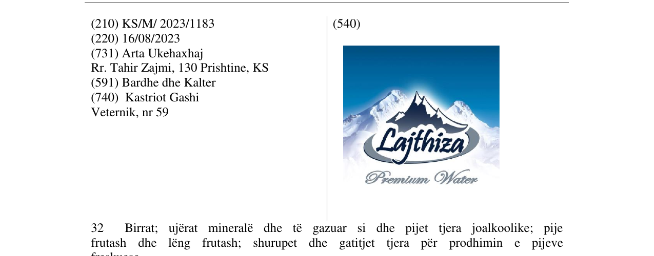 Zëri i markës LAJTHIZA Premium water në buletin