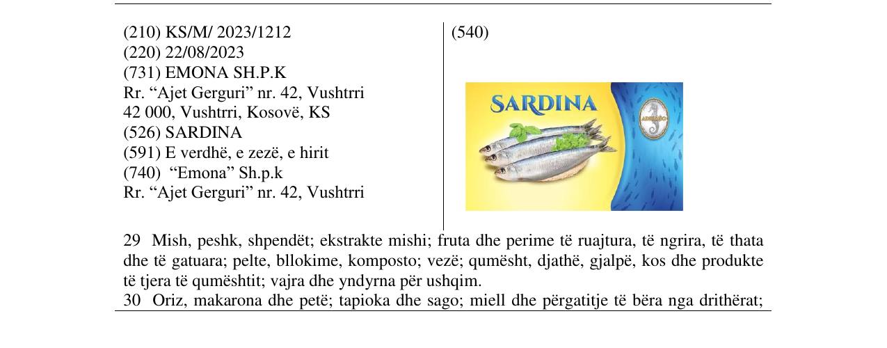 Zëri i markës SARDINA në buletin