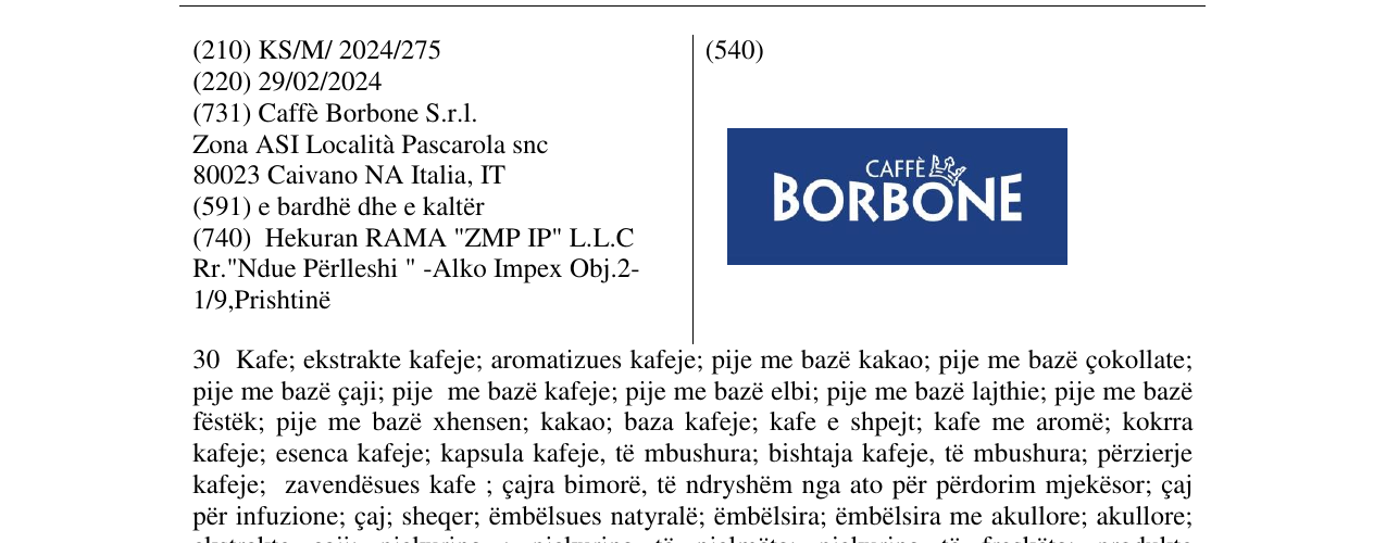 Zëri i markës CAFFE BORBONE në buletin