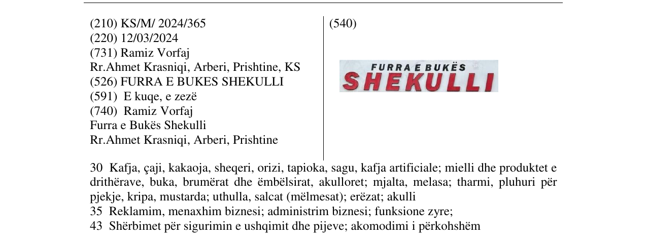 Zëri i markës FURRA E BUKES SHEKULLI në buletin