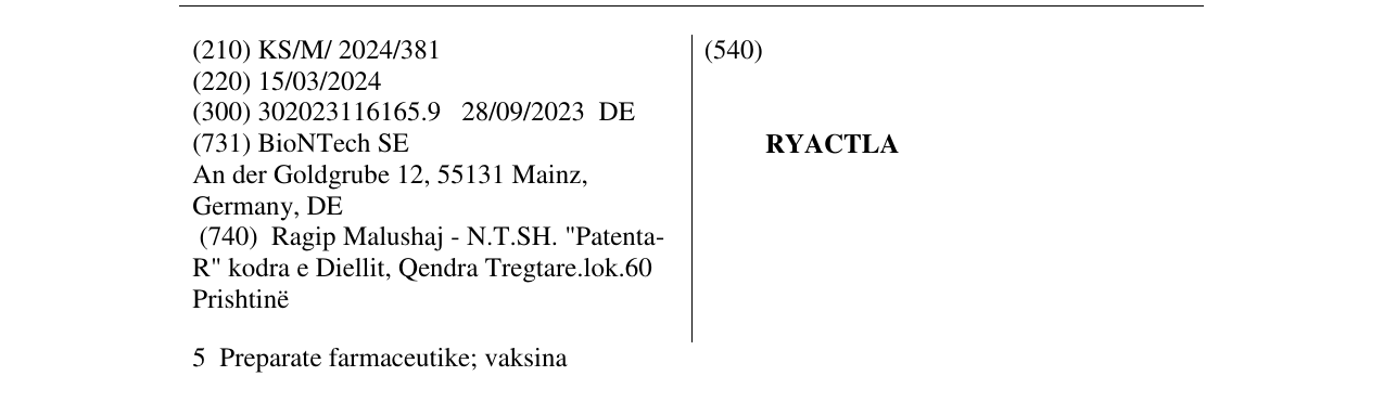 Zëri i markës RYACTLA në buletin