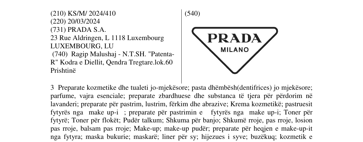 Zëri i markës PRADA MILANO në buletin