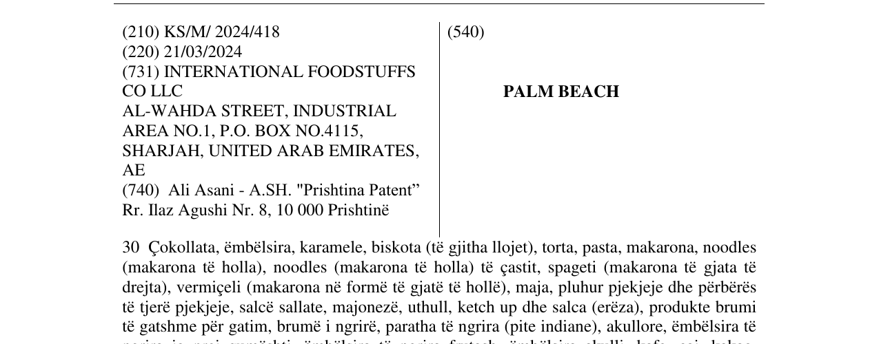 Zëri i markës PALM BEACH në buletin