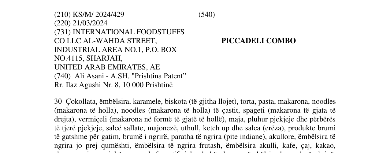 Zëri i markës PICCADELI COMBO në buletin