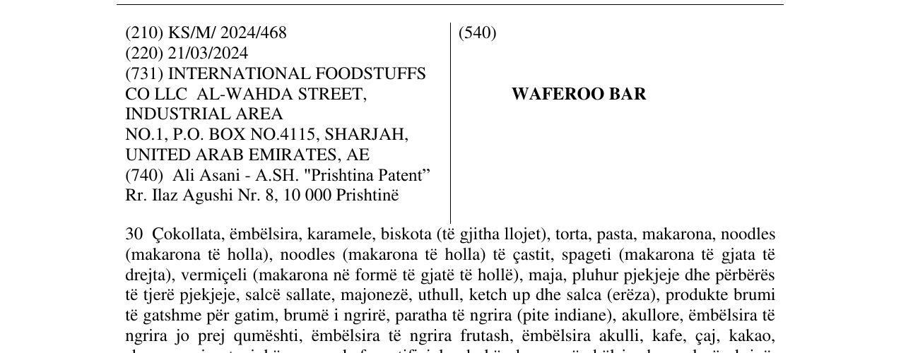 Zëri i markës WAFEROO BAR në buletin