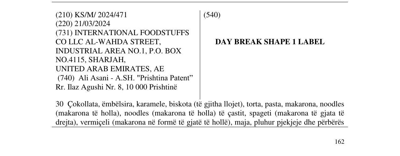 Zëri i markës DAY BREAK SHAPE 1 LABEL në buletin