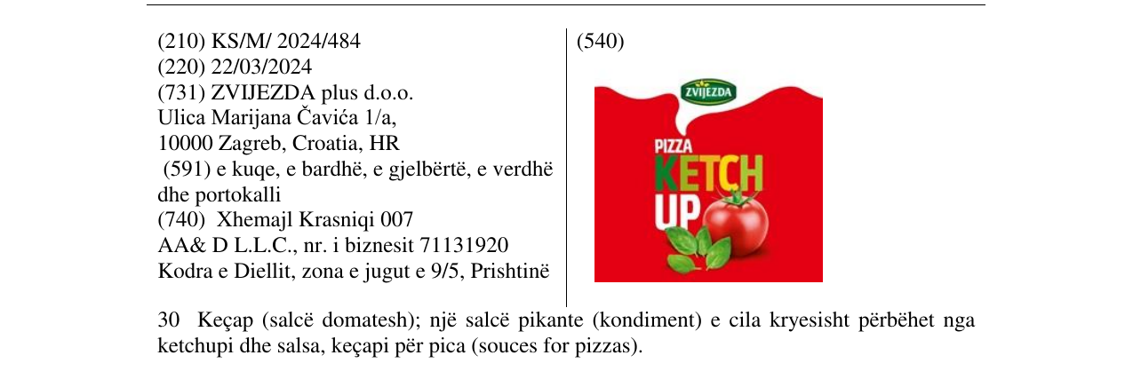 Zëri i markës ZVIJEZDA PIZZA KETCHUP në buletin
