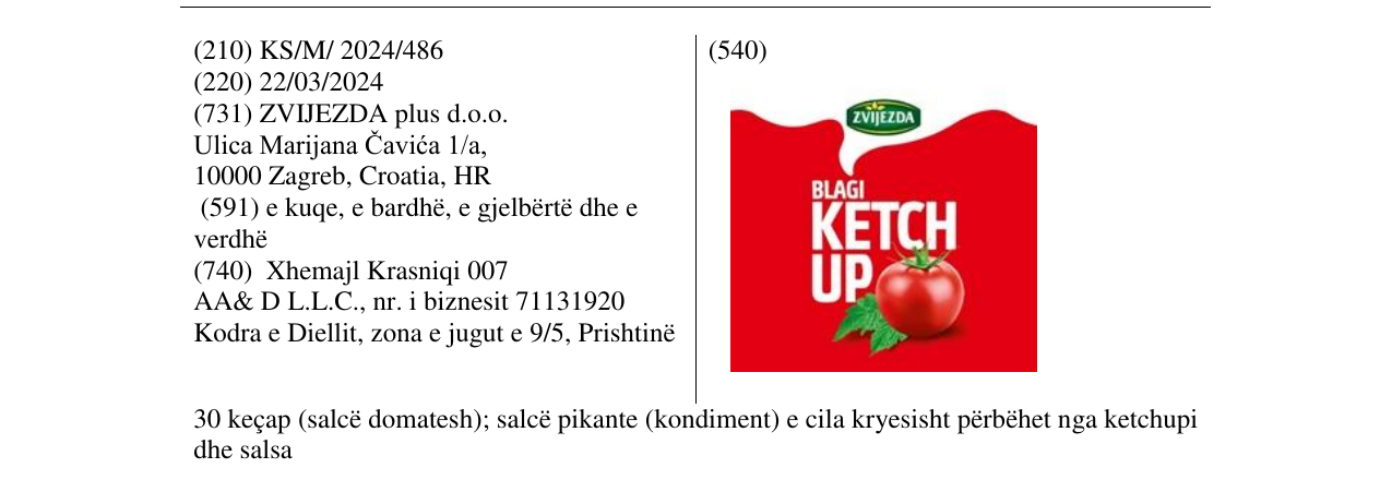 Zëri i markës ZVIJEZDA BLAGI KETCHUP në buletin