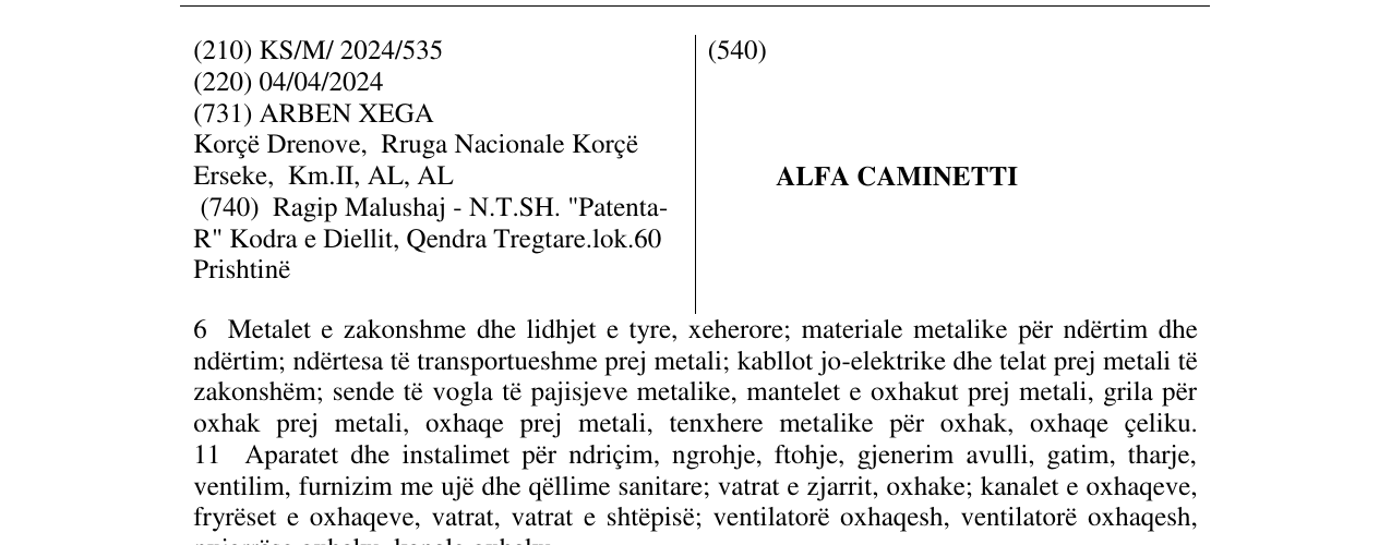 Zëri i markës ALFA CAMINETTI në buletin