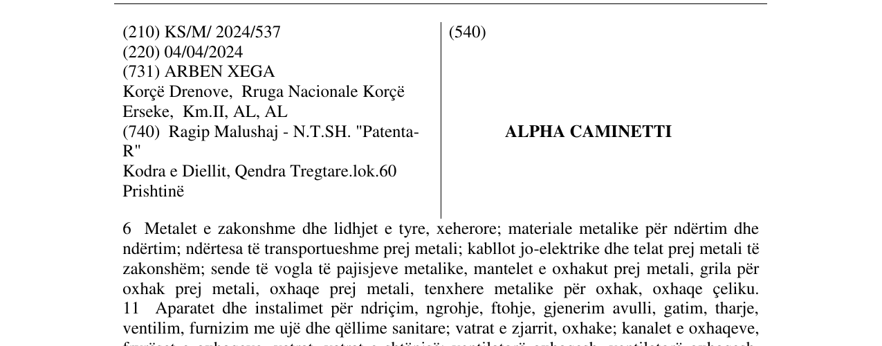 Zëri i markës ALPHA CAMINETTI në buletin