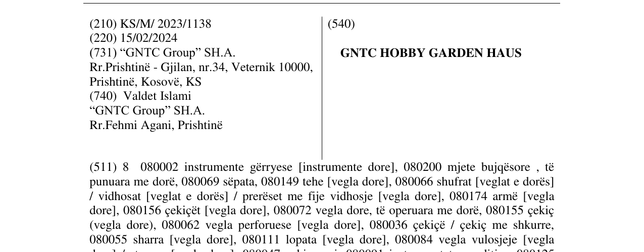 Zëri i markës GNTC HOBBY GARDEN HAUS në buletin