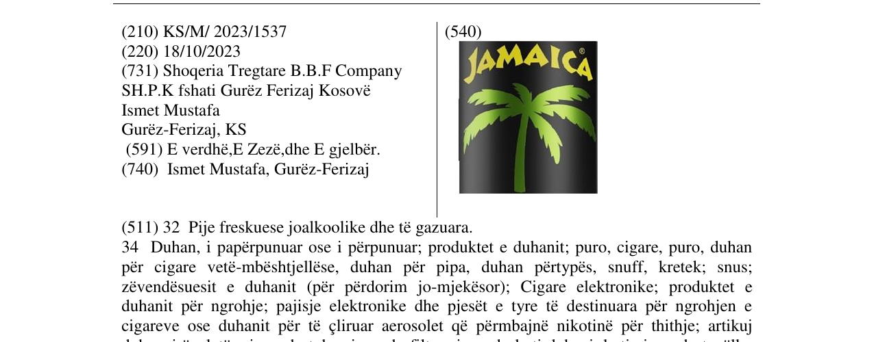Zëri i markës JAMAICA në buletin