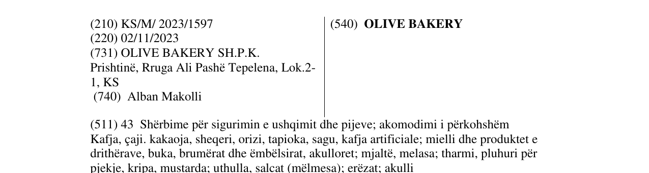 Zëri i markës OLIVE BAKERY në buletin