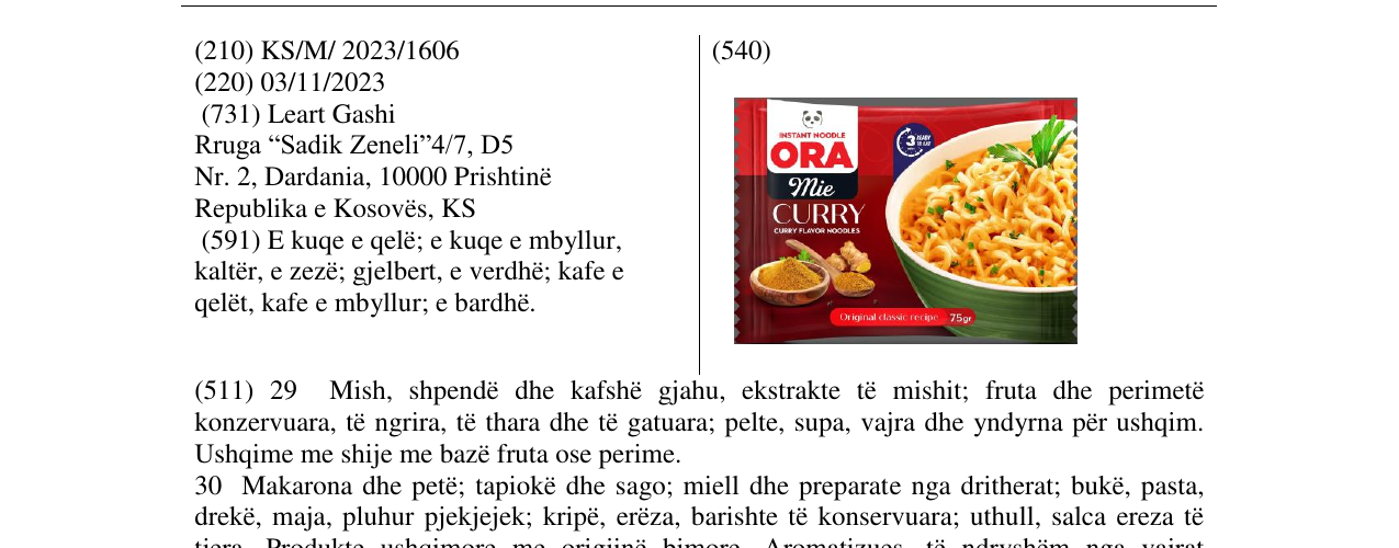 L'inscription de la marque ORA MIE CURRY au bulletin