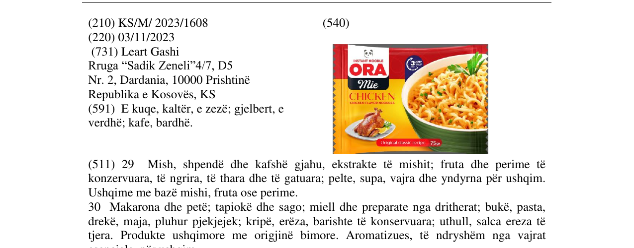 Zëri i markës ORA MIE CHICKEN në buletin
