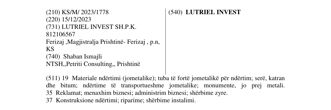 Zëri i markës LUTRIEL INVEST në buletin