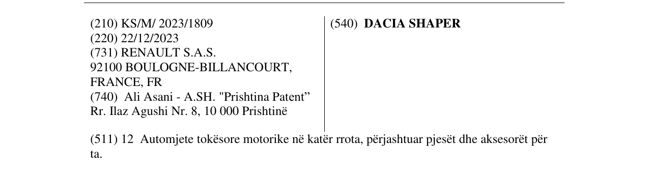 Zëri i markës DACIA SHAPER në buletin