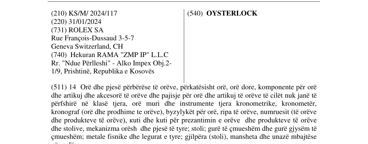 Zëri i markës OYSTERLOCK në buletin