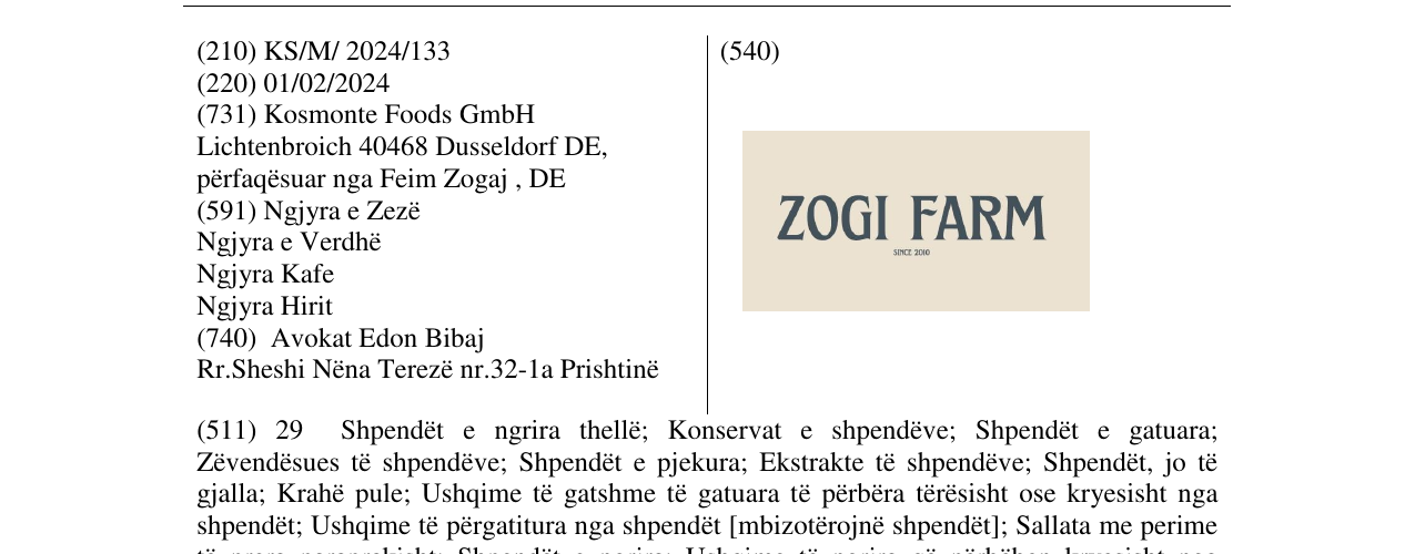 Zëri i markës ZOGI FARM në buletin