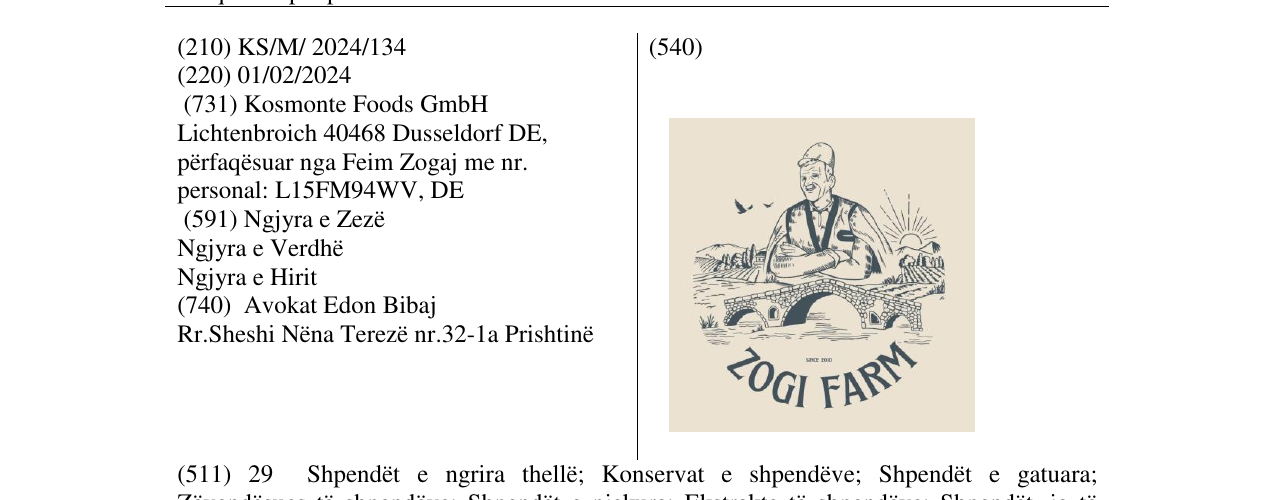 Zëri i markës ZOGI FARM në buletin