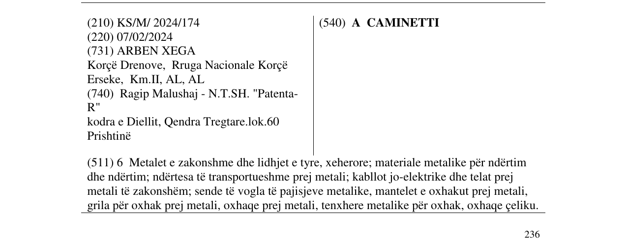Zëri i markës A CAMINETTI në buletin