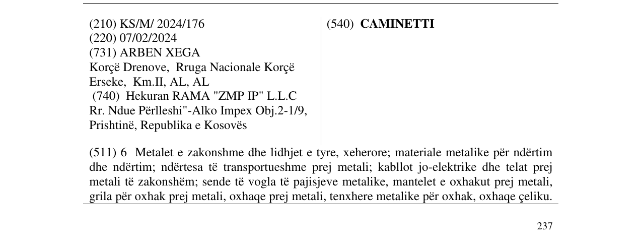 Zëri i markës CAMINETTI në buletin