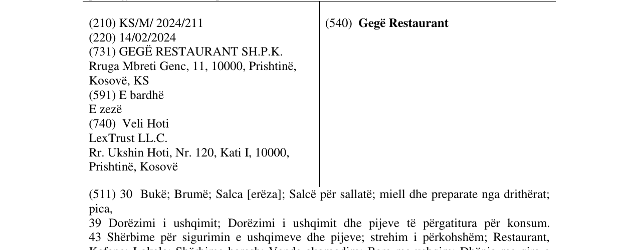 Zëri i markës Gegë Restaurant në buletin