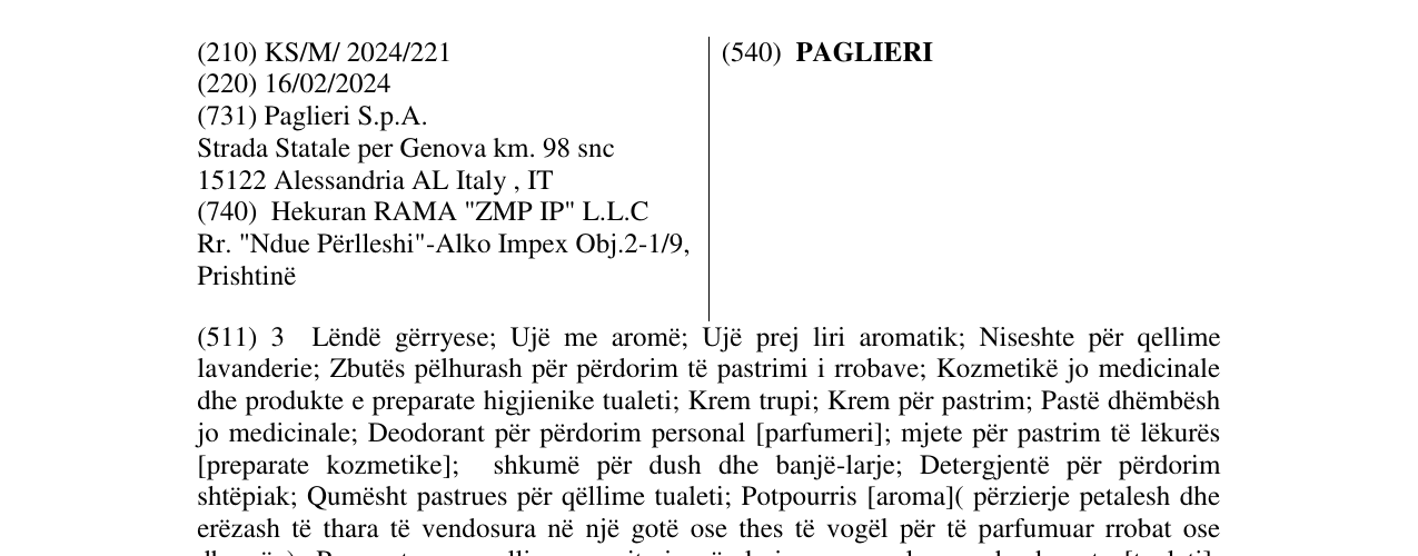 Zëri i markës PAGLIERI në buletin