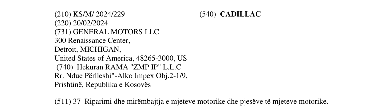 Zëri i markës CADILLAC në buletin