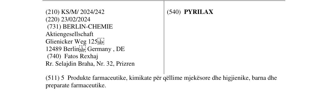 Zëri i markës PYRILAX në buletin