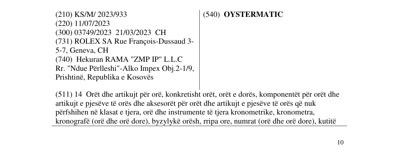 Zëri i markës OYSTERMATIC në buletin