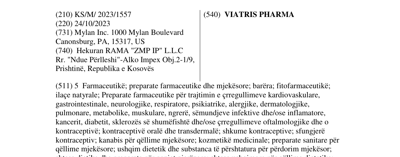 Zëri i markës VIATRIS PHARMA në buletin