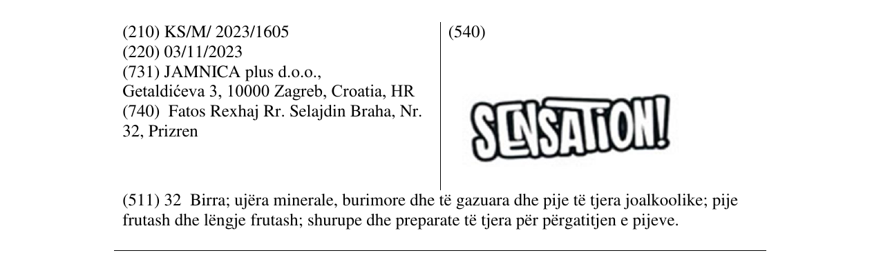 The entry of the trademark SENSATION in the bulletin