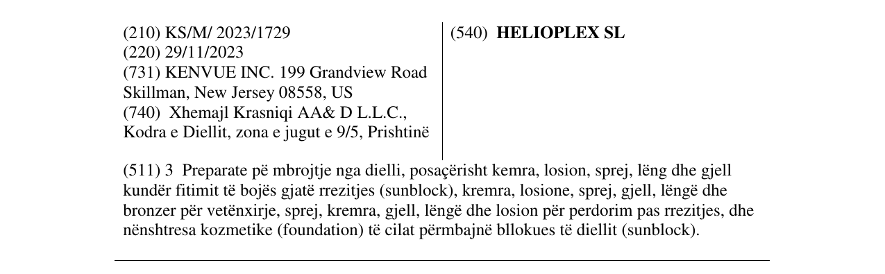 Zëri i markës HELIOPLEX SL në buletin