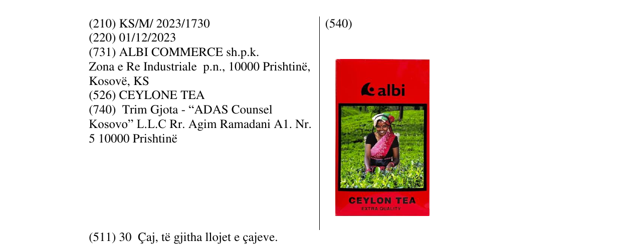 Zëri i markës albi CEYLONE TEA në buletin