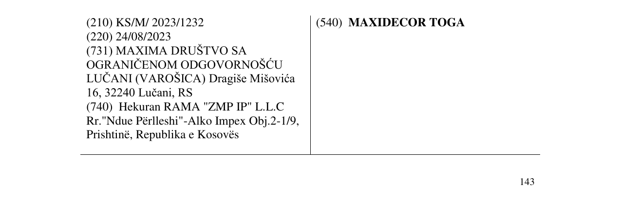 Zëri i markës MAXIDECOR TOGA në buletin
