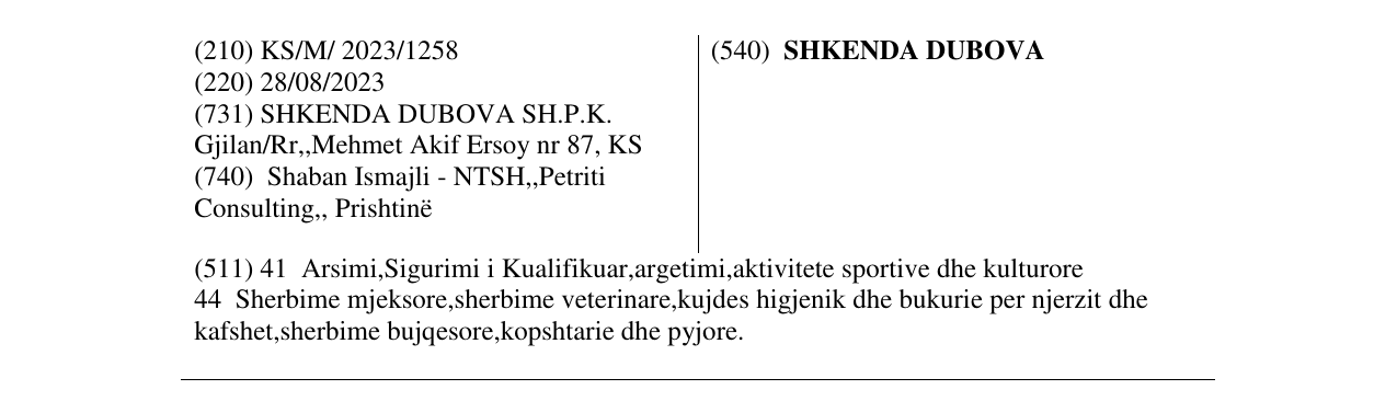 Zëri i markës SHKENDA DUBOVA në buletin