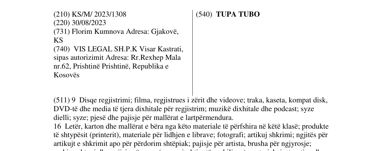 Zëri i markës TUPA TUBO në buletin