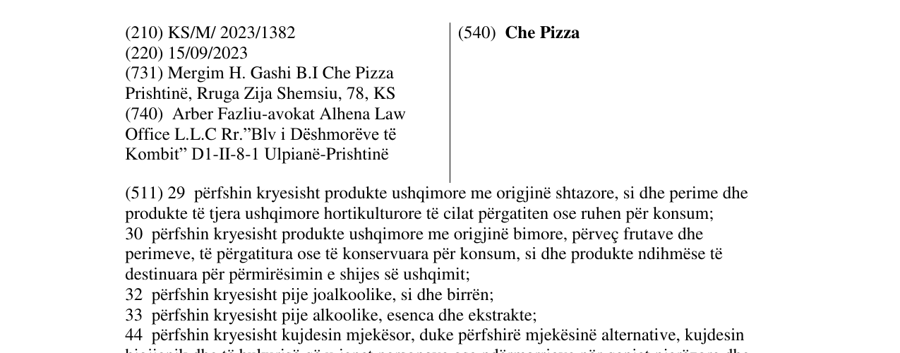 Zëri i markës Che Pizza në buletin