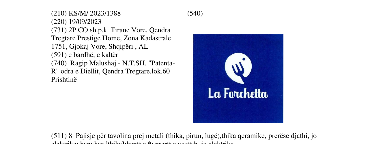 Zëri i markës La Forchetta në buletin