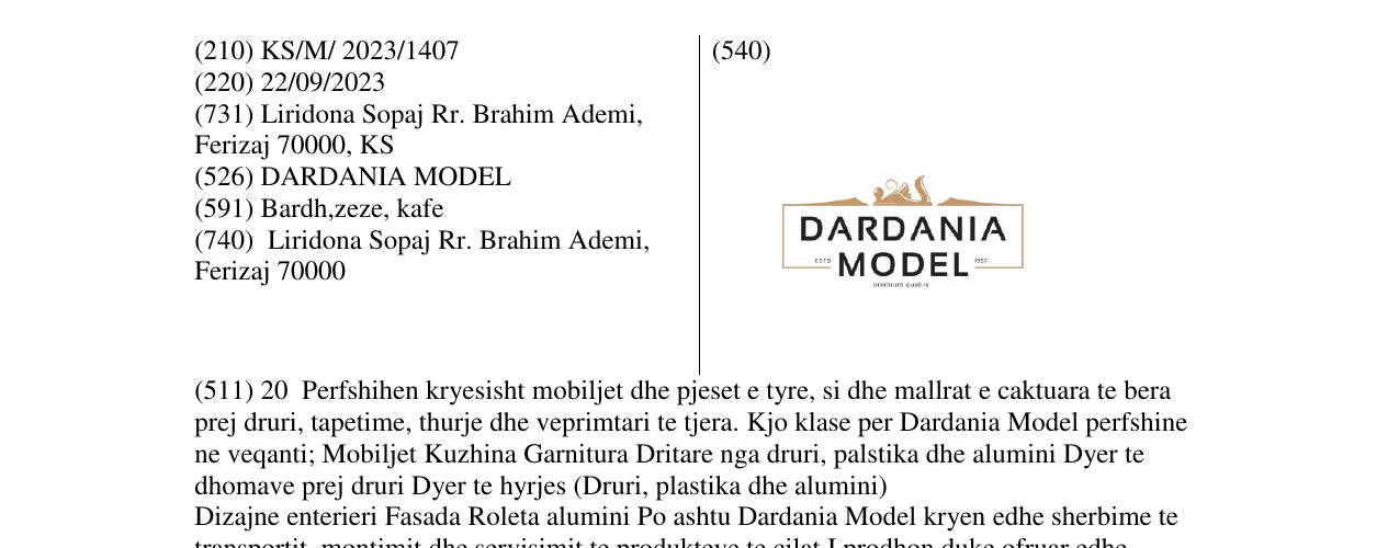 Zëri i markës DARDANIA MODEL në buletin
