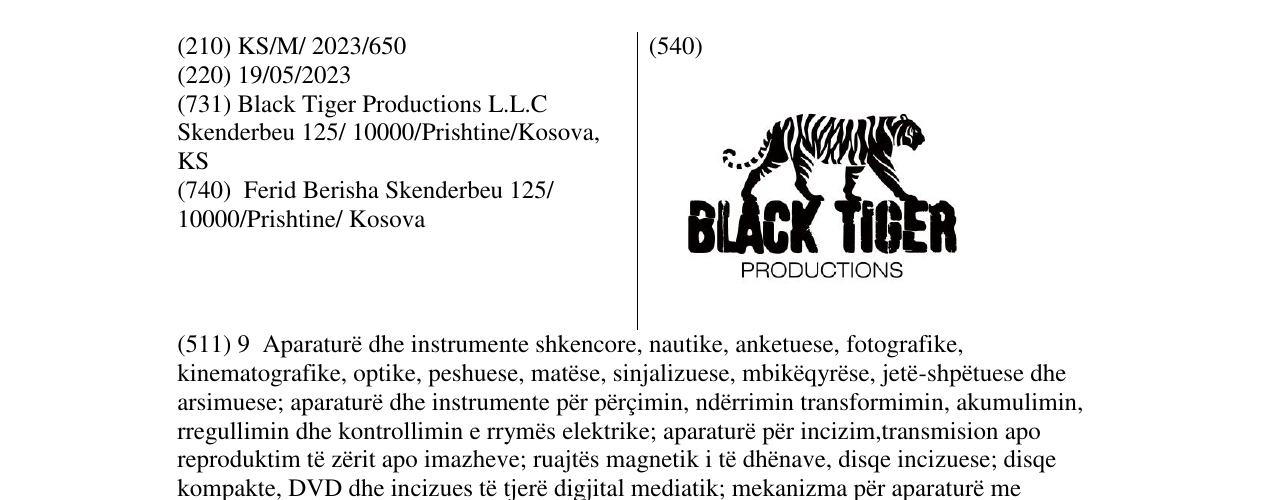 Zëri i markës BLACK TIGER PRODUCTION në buletin