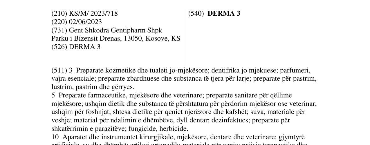 Zëri i markës DERMA 3 në buletin