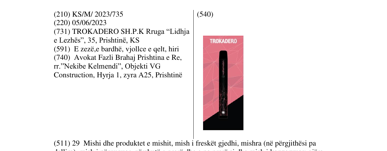 Zëri i markës TROKADERO në buletin