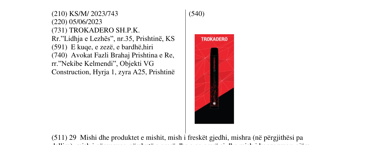 Zëri i markës TROKADERO në buletin