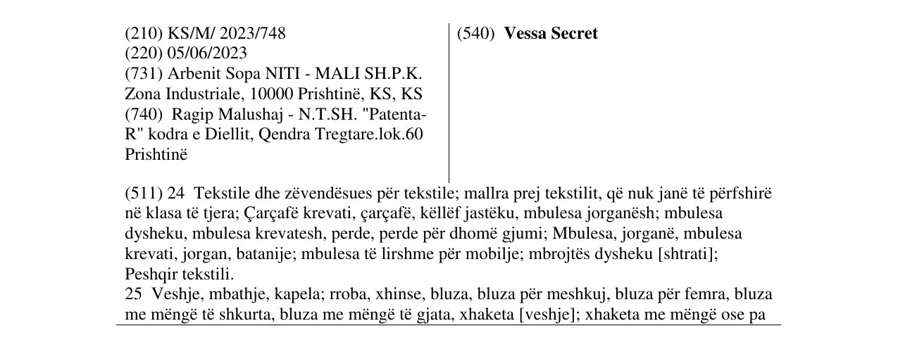 Zëri i markës Vessa Secret në buletin