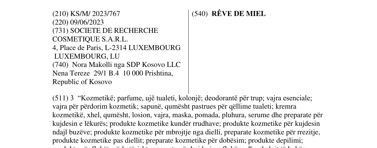 Zëri i markës RÊVE DE MIEL në buletin