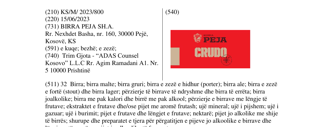 Zëri i markës BIRRA PEJA CRUDO në buletin